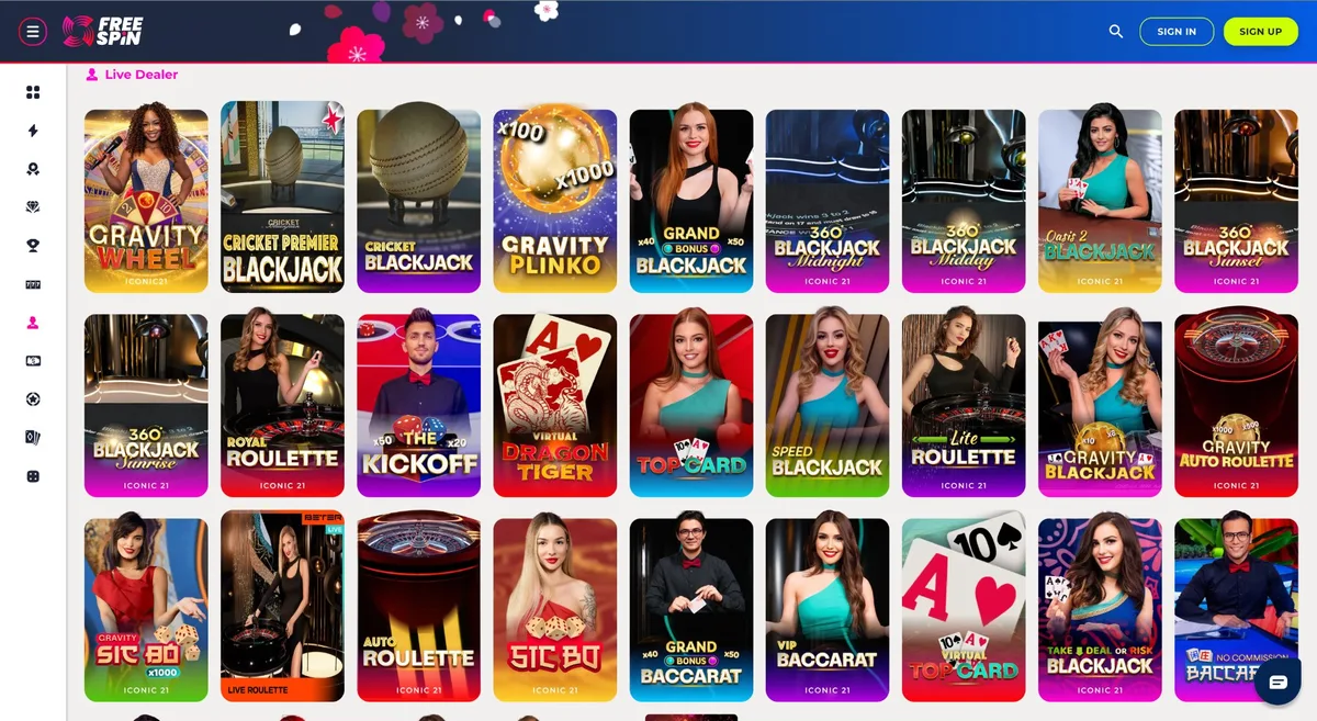 Free Spin Casino live dealer games including Blackjack and Roulette for Texas players