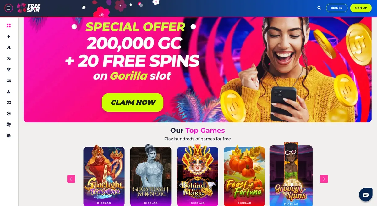 Free Spin Casino homepage with 200,000 GC sign-up offer available to Texas players