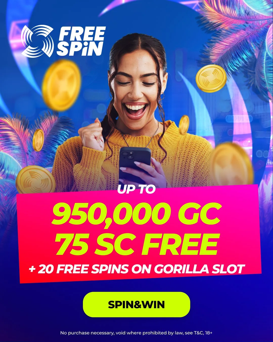 Free Spin Casino Texas promo banner — 950,000 GC and 75 SC free welcome offer
