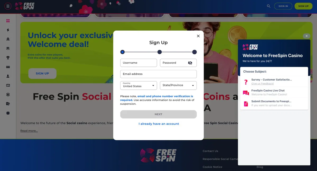 Free Spin Casino sign-up form — Texas state selection during registration